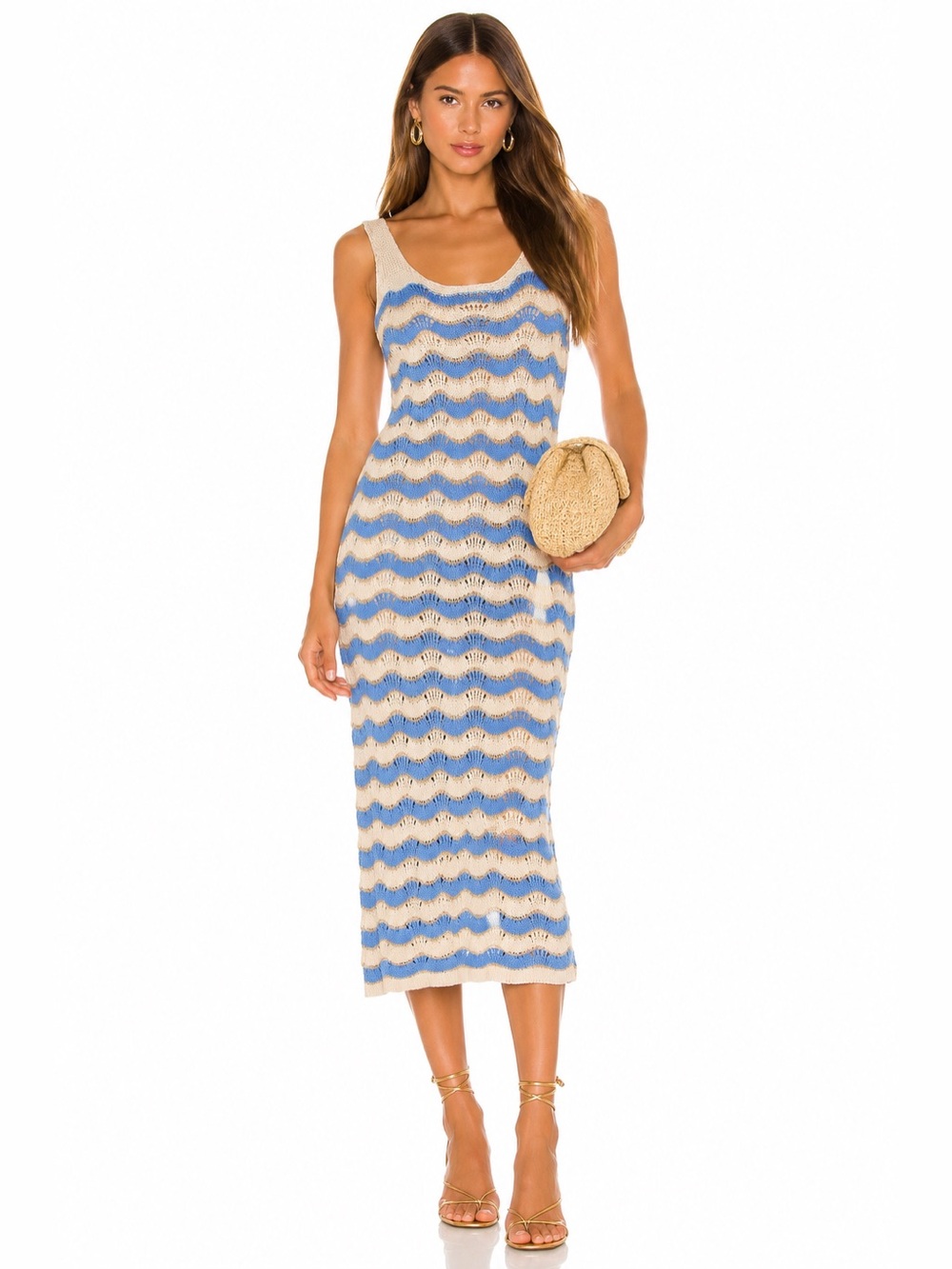 Made in Italy Blue Cream Metallic Crochet Knit Midi Dress M-L
